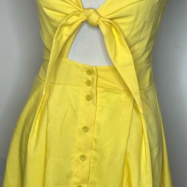 ECOWISH Summer Yellow Front Tie Button Midi-Dress - Image 3