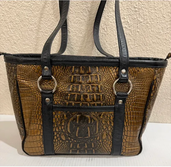 Faux Crocodile Embossed Tote Bag Brown Black Shoulder Handbag Zip Top Large - Image 5