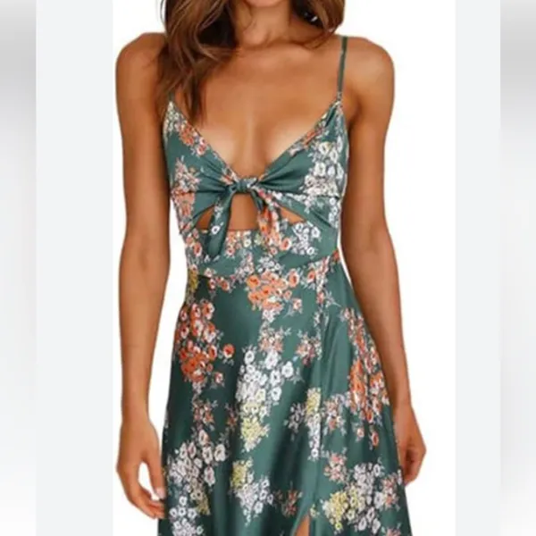 Medium Green, White Floral Tie Front Faux Wrap Midi Dress - Image 5