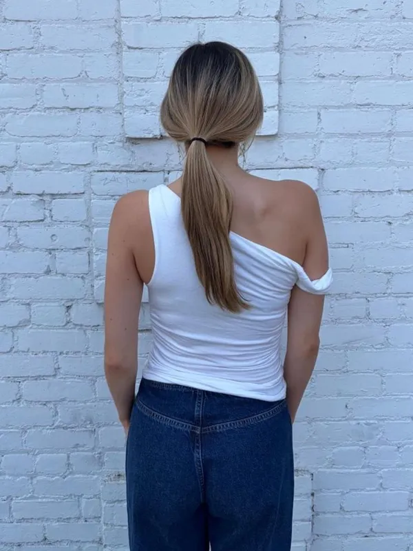 White off the shoulder twisted asymmetrical tank top sz S #boho #modern #basics - Image 5