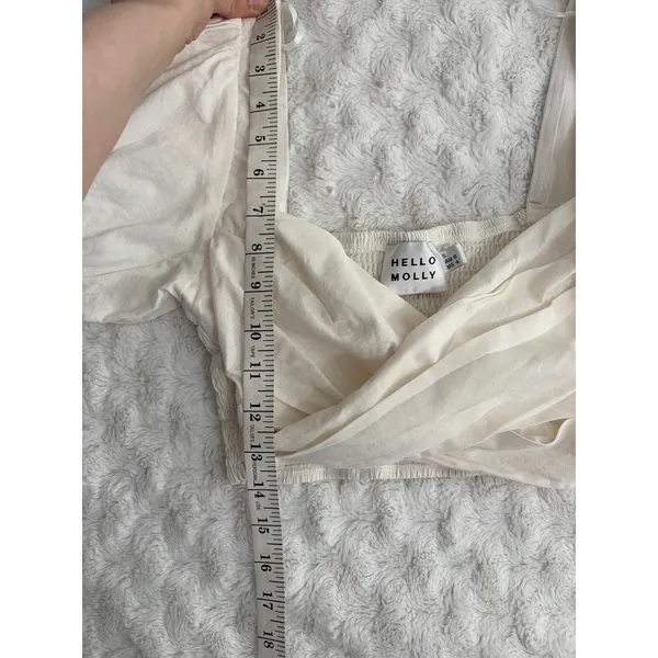 Hello Molly White Linen Cotton Puff Sleeves Criss Cross Smocked Crop Top S - Image 6