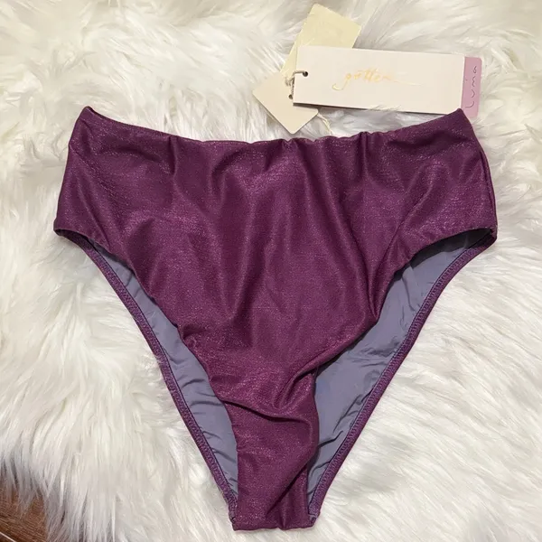 💙💖 NWT Gottex Luma High End‎ High Waist Metallic Purple Swim Bikini Bottom - Image 2