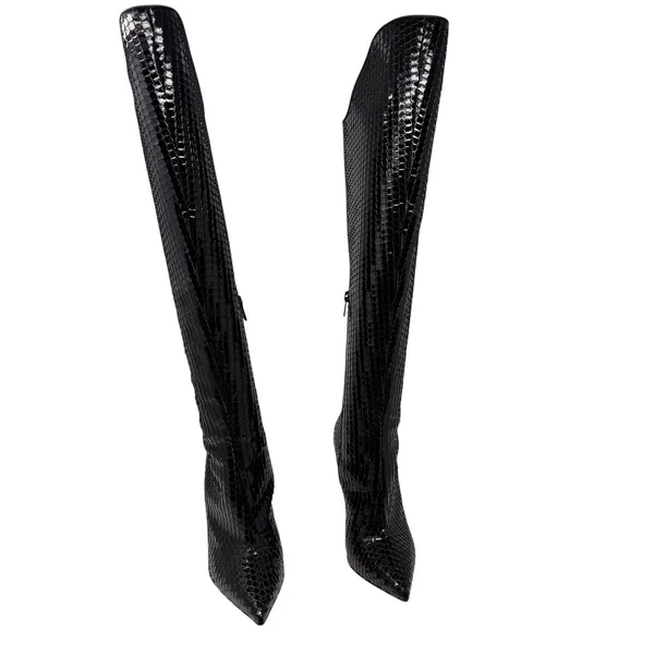 Christian Louboutin Alta Botta 100 Black Patent Bird Knee High Boots 38.5 - Image 2
