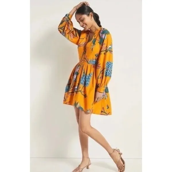 NEW!! Anthropologie LET ME BE Tropical Floral Dress Raglan Long Sleeves Large - Image 4