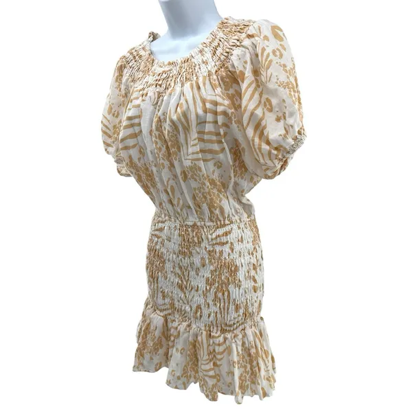 SABO LUXE Camari Linen Dress Smocked Patterned Ruffle Hem‎ White Beige Women's S - Image 6