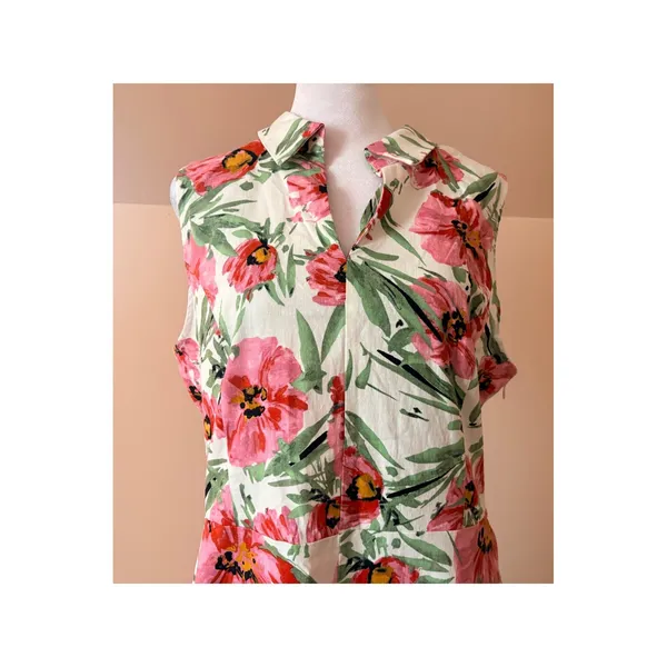 Tahari Floral Midi Dress Womens 12 Pink New Sleeveless Linen Blend Collared‎ - Image 7