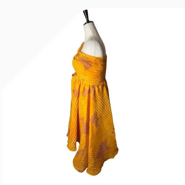 Isi Brown Dress women Medium Yellow Pleated One Shoulder Cutout Asymmetric‎ Midi - Image 7