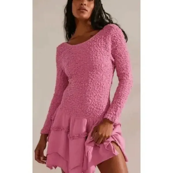 Free People What A Time Textured Long Sleeve Pink Mini Dress XS NWT - Image 10