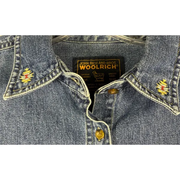 Woolrich Denim Button Down Shirt Southwestern Embroidered Blue Long‎ Sleeve M - Image 4