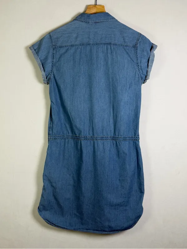 PAIGE Women’s Chambray Denim Boho Shirt Dress Drawstring Waist Pockets Blue Sz S - Image 8