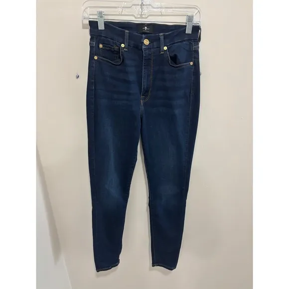 7 For All Mankind High Waist Skinny Jeans Dark Indigo Blue Size 28 Stretch Denim - Image 7