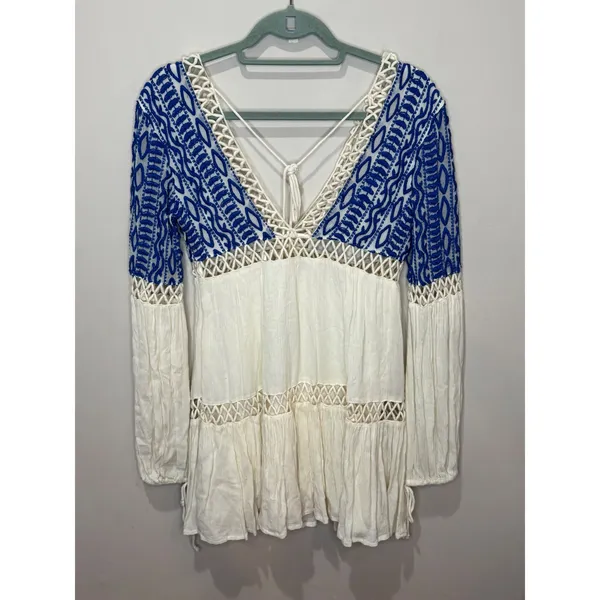 Free People Dusk to Dawn Dress Boho Sz 2 White Blue‎ Crochet Deep V Long Sleeve - Image 3