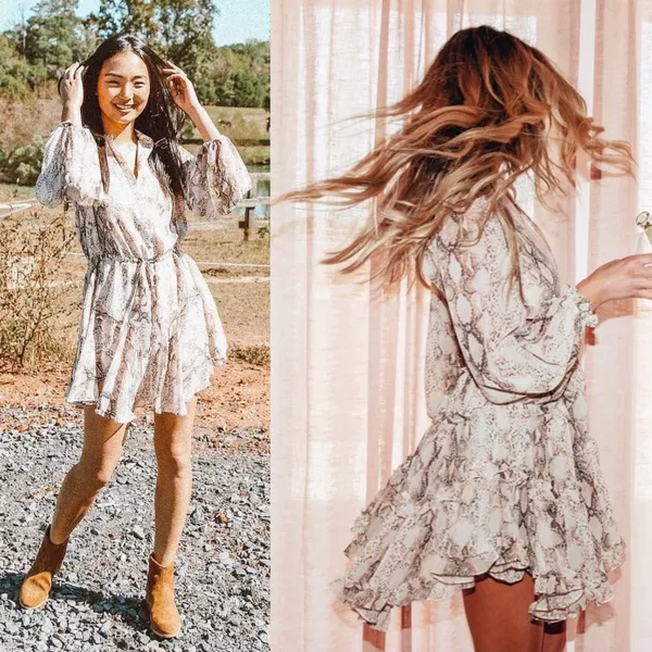 12th Tribe snakeskin snake python animal print button down long billowy balloon sleeve swing dress - Image 8