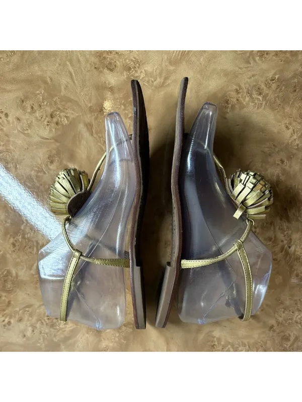Tory Burch Gold Leather Pom Pom Thong Sandals Size 7.5M Metallic Leather - Image 5