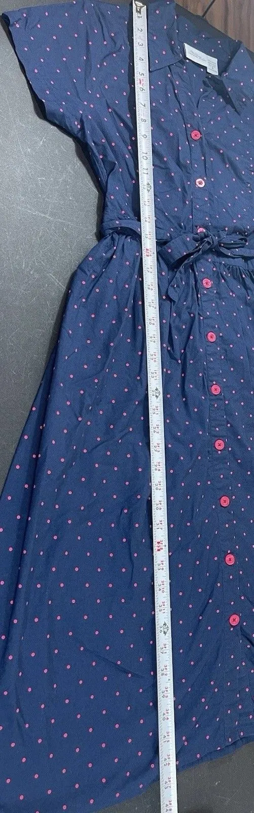 Vermont Country Store S Navy Pink Polka Dot Shirt Dress Cotton Tie Waist Cottage - Image 7
