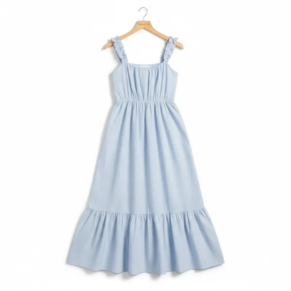 Time and Tru Womens Midi Dress Sz M Blue Ash Stripe Ruffle Strap Tie Back Flowy - Image 2