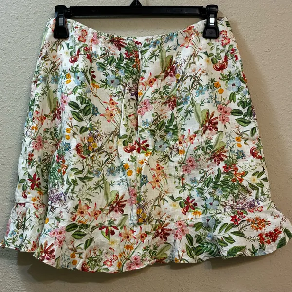 & Other Stories Linen Blend Wildflower Floral Mini Skirt Ruffle Hem Cream Size 4 - Image 2