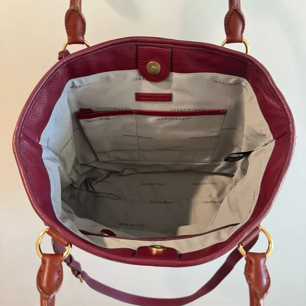 Isaac Mizrahi Bridgehampton Burgundy Cognac Leather Tote‎ Messenger Turnlock Bag - Image 12
