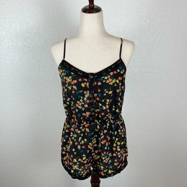 Urban Outfitters Kimchi Blue Black Floral Button Front Baby Doll Romper womens M - Image 2