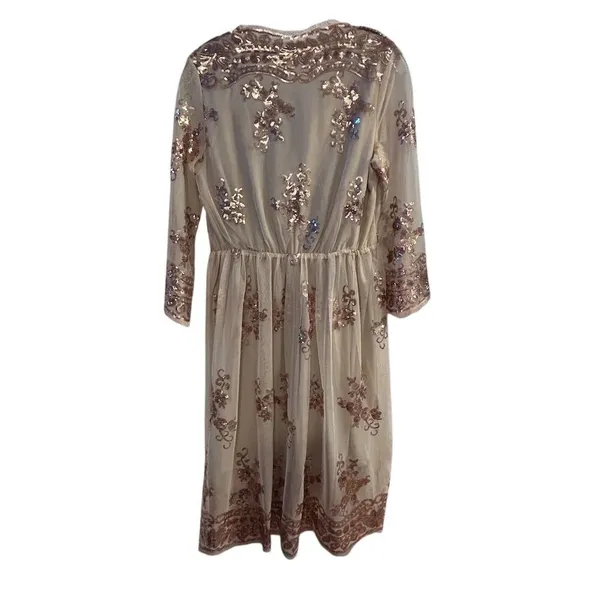 Rouge Women's M Beige Champagne V-Neck‎ Midi Dress with Rose Gold Sequins - Image 11