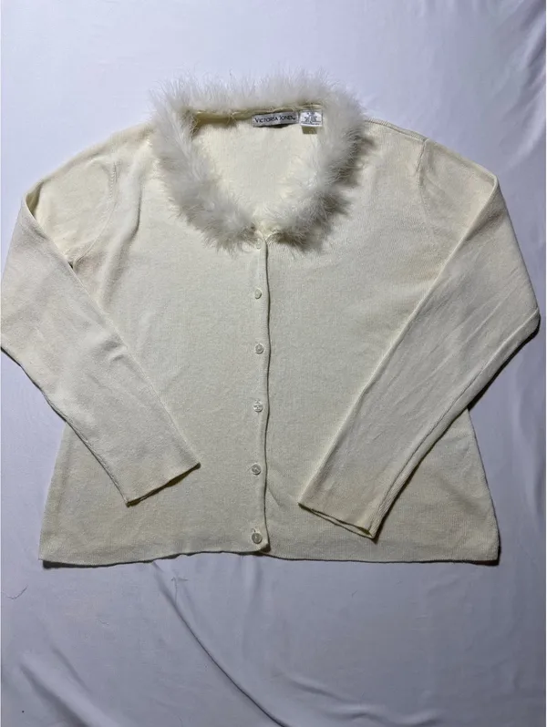 Vintage Victoria Jones Ivory Cardigan with Marabou Feathered - Image 4