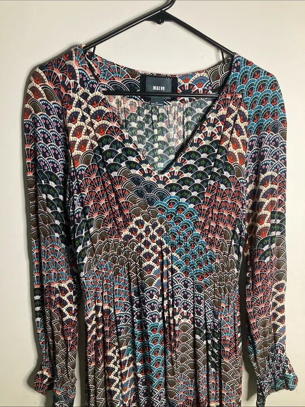 Maeve Multicolored Fan-Print V-Neck Long Sleeve Dress - Image 2
