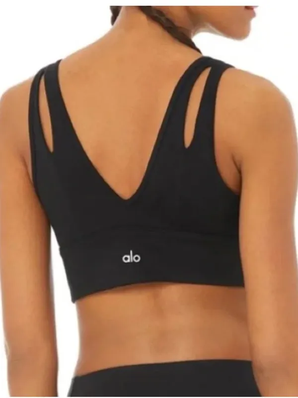 ALO YOGA Black United Long Sports Bra Double V Neck Small - Image 2