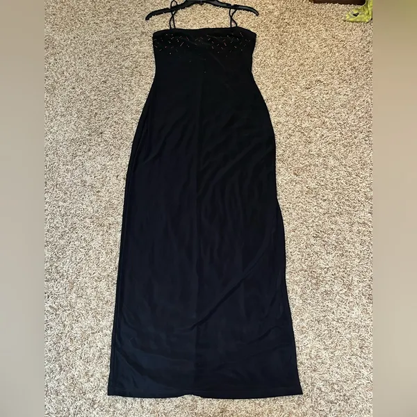 Y2K Black Maxi Dress Med. Rhinestone Spaghetti Strap Prom 90s NOS PS PerSeption - Image 3