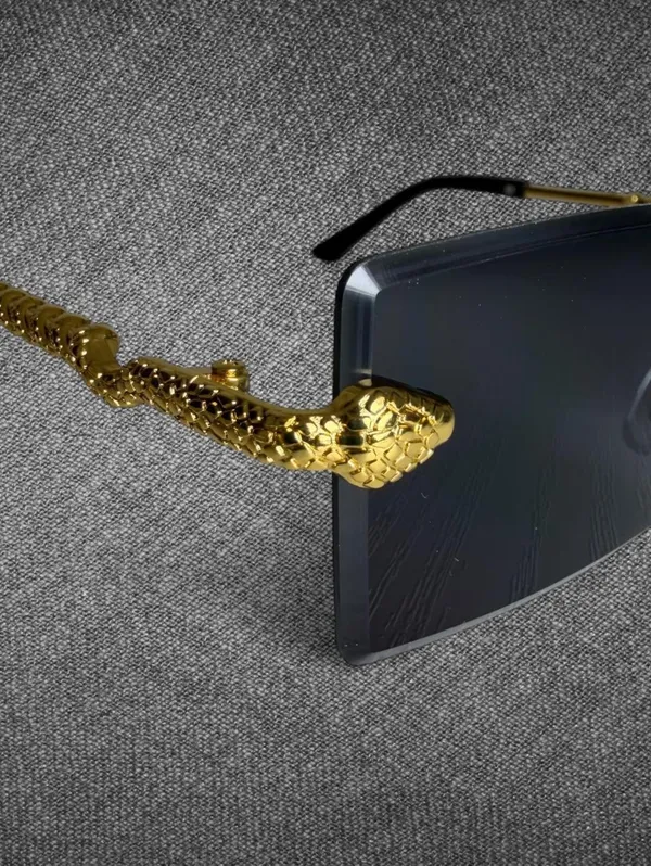 Black Rimless Rectangle Gold Serpent Y2K Sunglasses - Image 7
