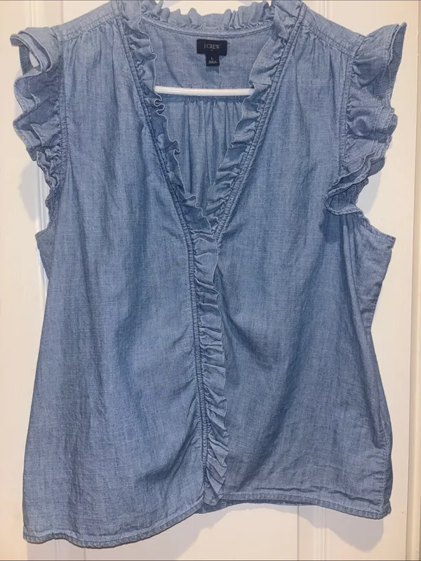 J Crew Sleeveless Chambray Ruffle Top With V Neck And Ruffled Trim Along Sleeves - Image 2