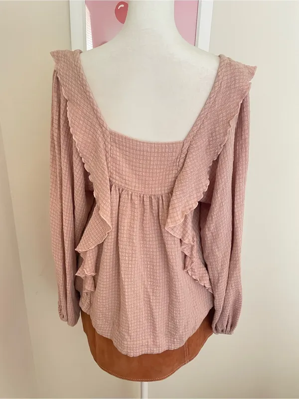 Free People Bonnie Blouse Dusty Pink Textured Ruffle Boho Top Size Small - Image 5