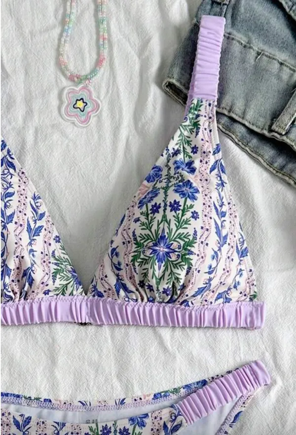 SheIn 2pcs Women Swimsuit Set With Random Purple Print - Image 3