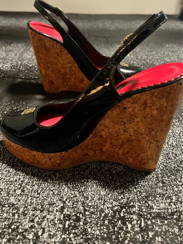 Womens 36 CH Carolina Herrera black slingback high cork platform wedge heel - Image 6