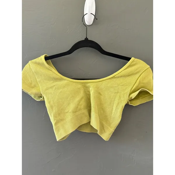 Aerie Ribbed Seamless O-Ring Crop Top Lime Green Short Sleeve‎ V-Neck Small S/P - Image 3