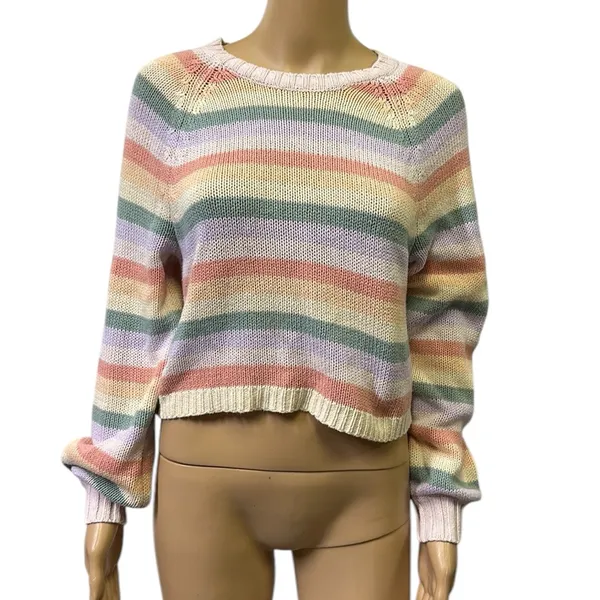 American Eagle Cropped Pastel Rainbow Striped Cotton Acrylic Knit Sweater XS - Image 2
