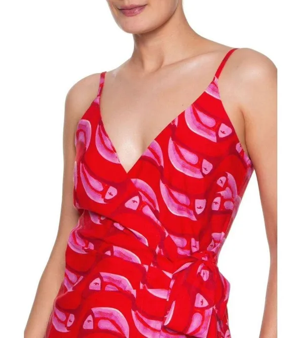 NWT Farm Rio Linen blend Copabanana Wrap Mini Dress Red Pink Size S - Image 3