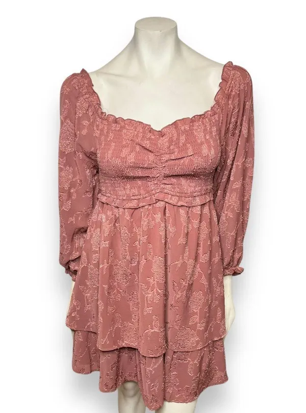 Pink Lily | Textured Floral Long Sleeve Cinched Bust Smocked Mini Tiered Dress L - Image 7