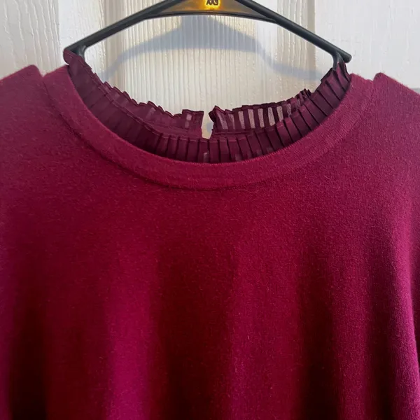 Plum Purple‎ Sweater with Pleated Bishop Sleeves Ruffle Mock Neck Size Medium - Image 2