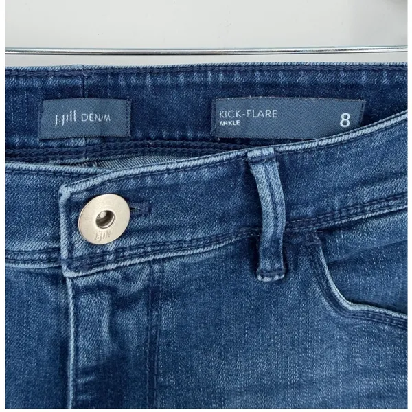 J. Jill Kick Flare Ankle Jeans 8 Blue Distressed Raw Hem High Rise Cropped Denim - Image 8