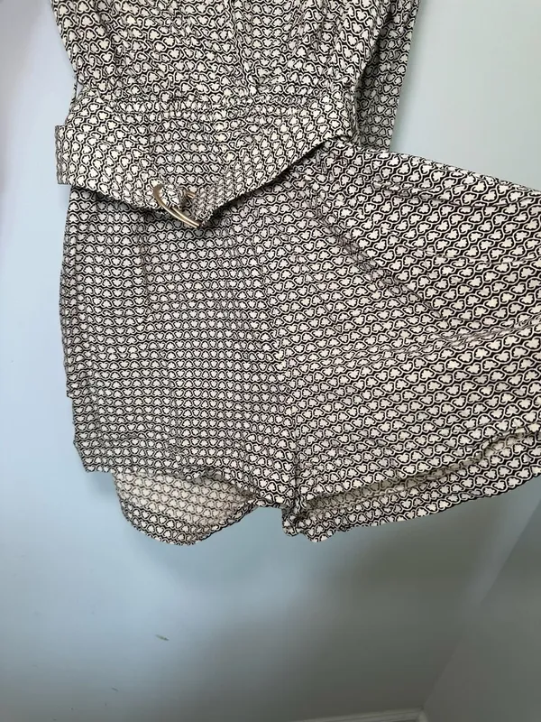 Lusana Robyn Belted Playsuit Size L Brown White Clover Print - Image 4