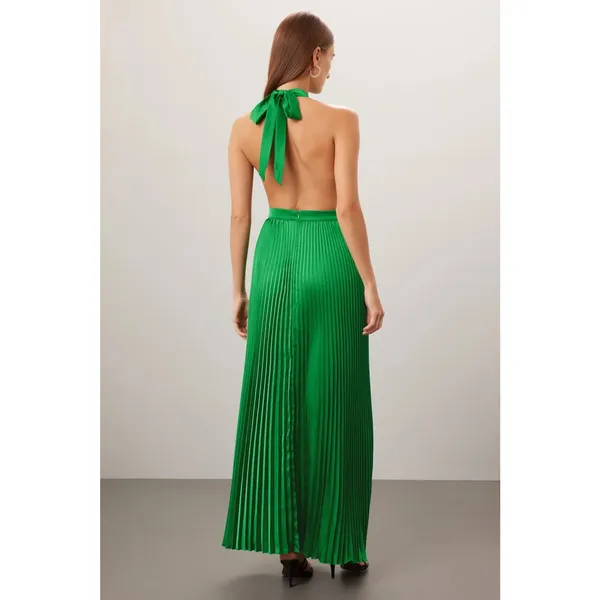 L’IDEE Sz10 Emerald Green Pleated Satin Halter Renaissance Cocktail Evening Gown - Image 2