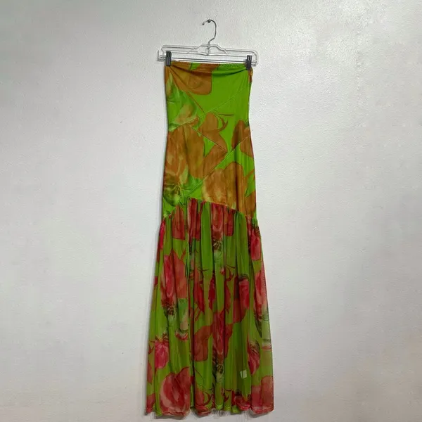Green Floral Strapless Backless Sheer Mesh Side Slit Maxi Dress Sz S - Image 2