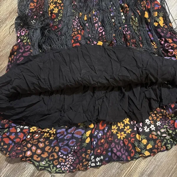 Farm Rio Hippie Boho Y2K Multicolor Floral‎ Midi Skirt W/ Black Fringe - Image 5