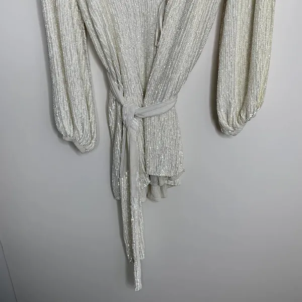 Retrofête Gabrielle Robe Sequins Wrap Mini Dress in Moonglow White Womens XS - Image 5