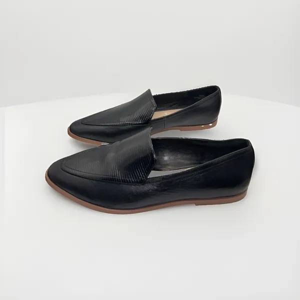New Vince Camuto Womens Finetta Black Leather Embossed Pointed Toe‎ Loafers 9 - Image 2