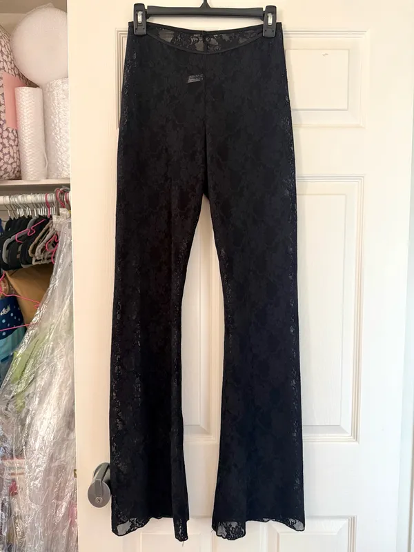 Los Angeles Apparel Black Floral Lace Flare Pants Leggings - Image 6