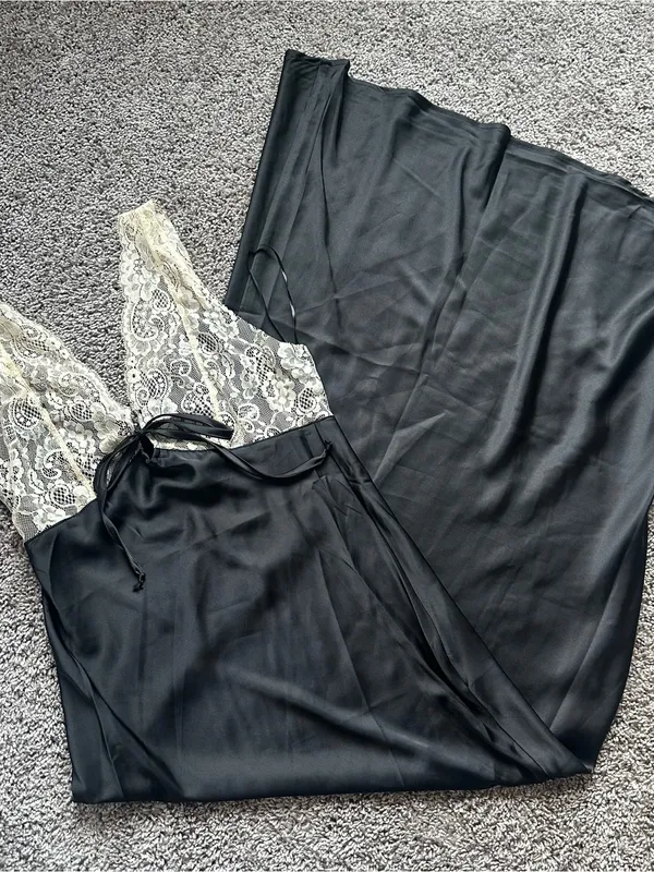 Black Satin Maxi Dress with Cream Lace Bodice - Image 2