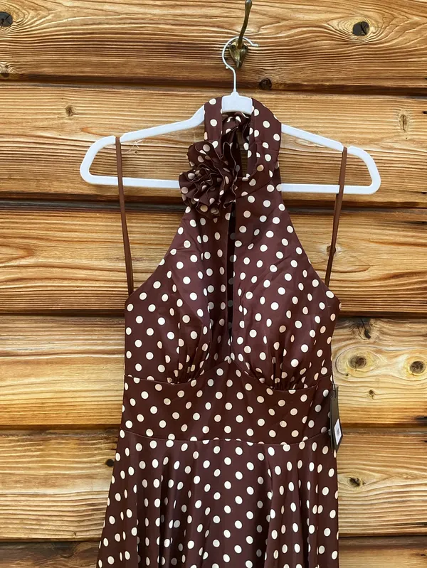 IEENA FOR MAC DUGGAL Size 2 Brown Polka Dot A-Line Halter Gown Rosette FLAWS - Image 8