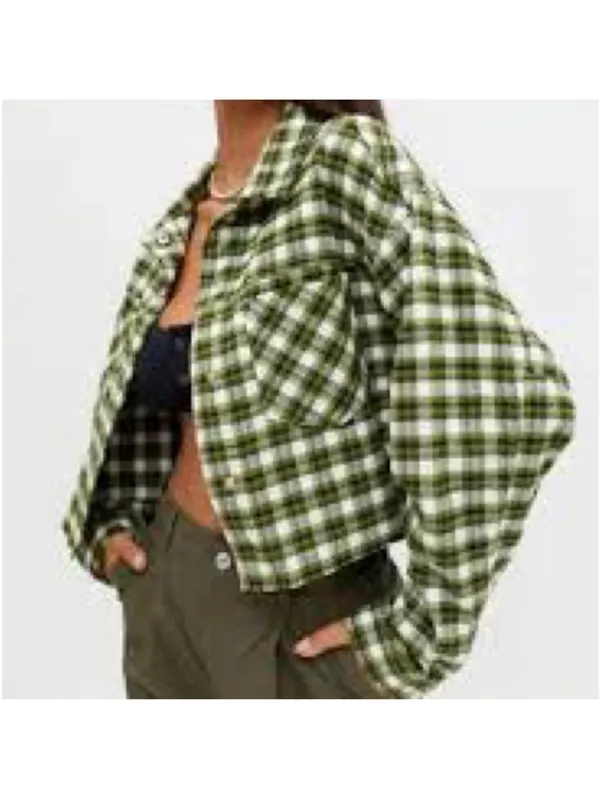 BDG‎ Urban Outfitters Claire Green Plaid Cropped Flannel Shacket Jacket Small - Image 2