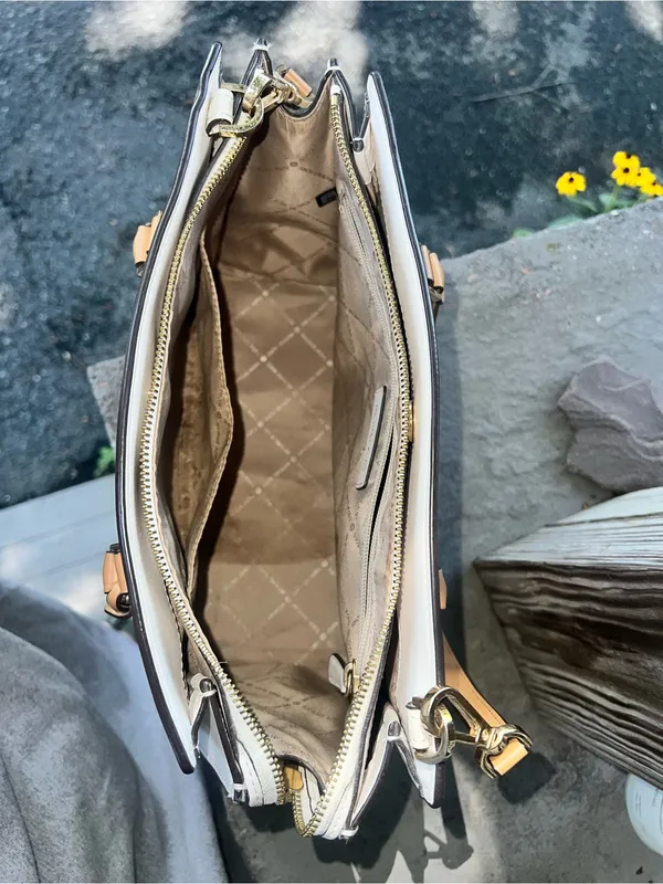 MICHAEL KORS Brown/Tan Saffiano Leather Satchel with Gold Accent - Image 5